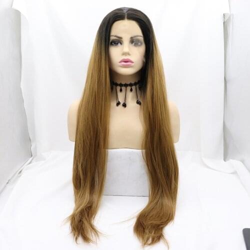 Light Blonde Gold Straight Ombre Hair Synthetic Lace Front Wig Long Straight Dark Black Roots Cosplay Frontal Wigs For Women