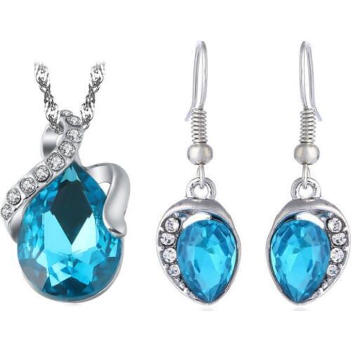 TZ0006 Necklace Pendant Earrings Jewlery Sets for Women Gift Fahion Crystal Silver Blue Pink