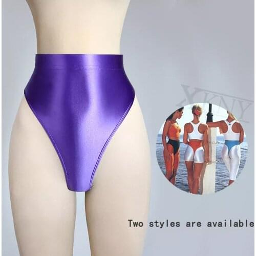 XCKNYShinyT-shaped pants with buttocks sexy Silky solid bikini high waist tights underpants and high fork Oily briefs Large size
