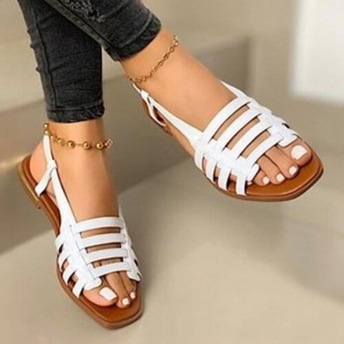 LLOGAI Nice Flat Sandals Ladies Summer Vogue Leather Flat Shoes Round Elegent Slipper Adjustable Buckle Strap Casual Sandals