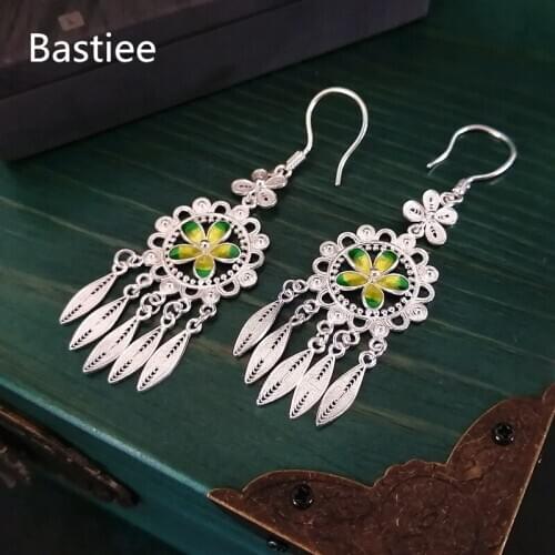 Bastiee Hmong 999 Sterling Silver Tassel Earrings For Women Cloisonne Enamel Flower Earring Miao Handmade Luxury Jewelry Dangle