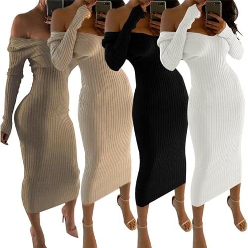 Sexy Deep V-Neck Knit Ribbed Dress Women Classic Elastic Off Shoulder Calf-Mid Length Graceful Lady Street Vestido Daily Clothes