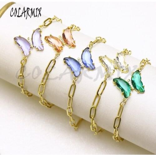 10 Pcs Butterfly charms bracelet Crystal jewelry for lady ,mix color jewelry charms gold color chain bracelet gift for lady