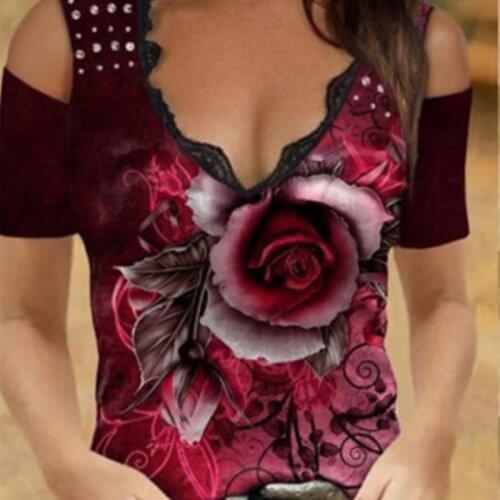 2021 Women Sexy V Neck Cold Shoulder Shirts Tops Rose Print Y2K Womens Short Sleeve T-Shirt Fashion Casual Loose Clothing