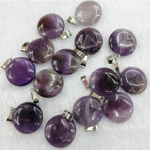 50pcs/lot 20mm Round Flat Beads Natural Amethysts Stone Charms Hexagonal Healing Reiki Point Pendants for Jewelry Making Free