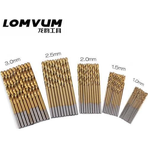 LOMVUM 50Pcs/Set Titanium Coated Twist Drill Bit Set 1/1.5/2/2.5/3mm High Speed Steel Wood Drilling Metalworking Power Tool bit