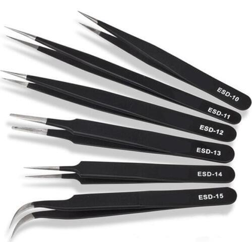 6PC/set Precision Anti Static Tweezers Stainless Steel Tweezers Set for BGA Work Repair Tool ESD-10,11,12,13,14,15