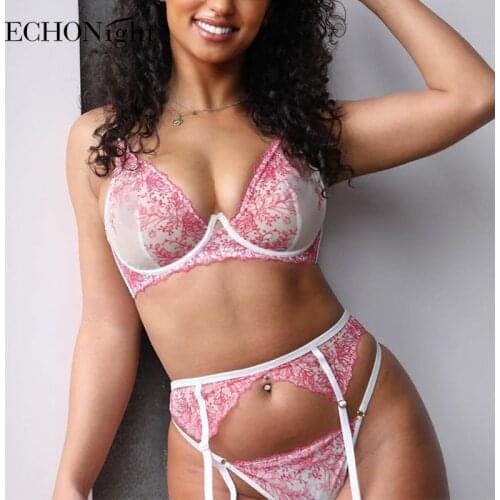 Echonight New Push up Lingerie Underwear Set Floral Embroirdery Underwire Bra 3 Piece With Garters Lace Transparent Brief Sets