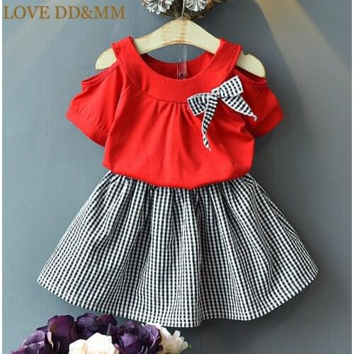 LOVE DD&MM Girls Sets 2021 Summer New Childrens Wear Girls Fashion Strapless Bow Short-Sleeved T-Shirt + Plaid Skirt Suit