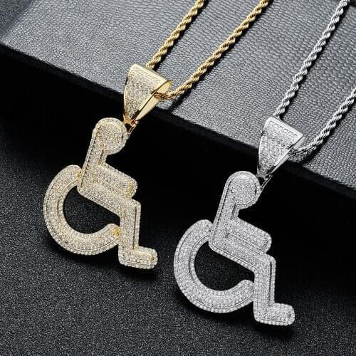 Wheelchair Handicap Sign Pendant Necklace Gold Color Charm Bling Cubic Zircon Mens Hip hop Rock Jewelry