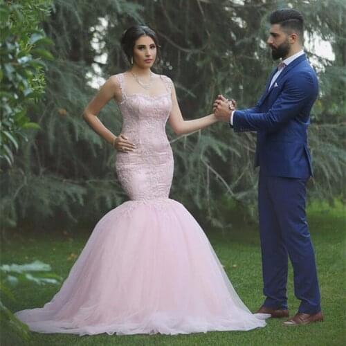 Fashion Prom dress 2016 Sexy Scoop Neck Appliques Lace Mermaid Fitted Pink Tulle Arabic Evening Dresses Long Prom Dress