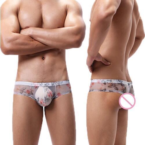 Men Mini Boxer Shorts Flower Mesh Transparent U-convex Pouch Underwear Sissy Lingerie Erotica Gay Panties Ropa Interior Hombre