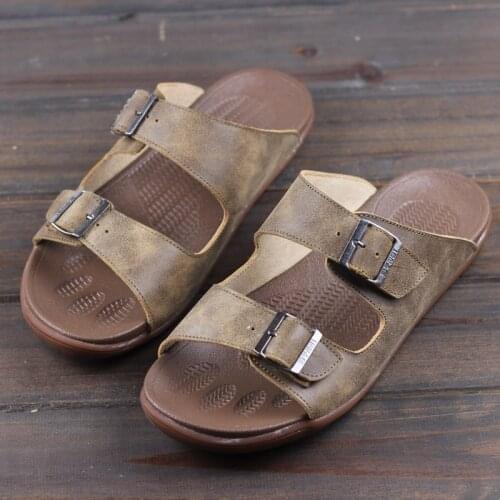 Mens Slippers Genuine Leather Mens Summer Sandals Slip on Beach Shoes 2021 Casual Man Slippers Male Footear