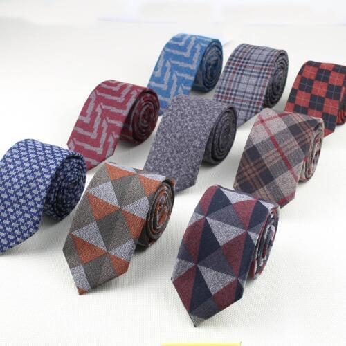 Soft Mens Fashion Diamond Check Artificial Wool Cotton Striped Skinny Tie Men business Small Ties Designer Cravat Dark Color