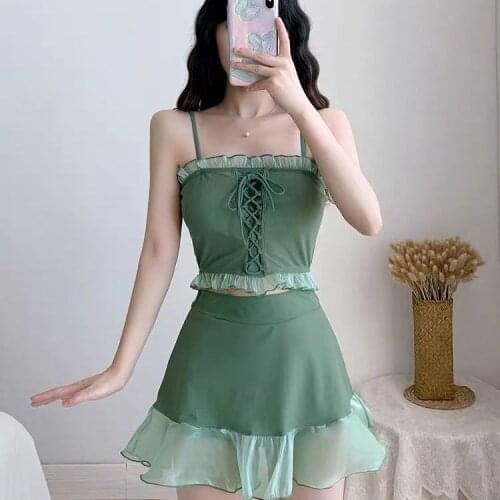 2021 New Korean Women Swimwear Sexy Strappy Bikini Swimwear Two Piece Swimsuit Ruffle Solid Slim Bikini Push Up Biquini