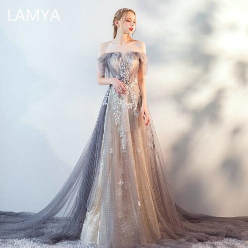 LAMYA Luxury a Line Evening Party Dress Elegant Lace Boat Neck Formal Gown for Graduation Appliques Crystal Vestido De Festa