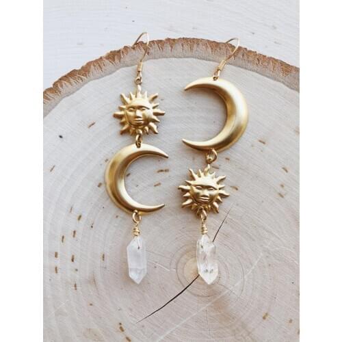 Sun &Moon Earrings with Clear Quartz,Lunar Gift,Drop Earrings,Crystal Earrings, Witchcraft Jewelry, Celestial Earrings