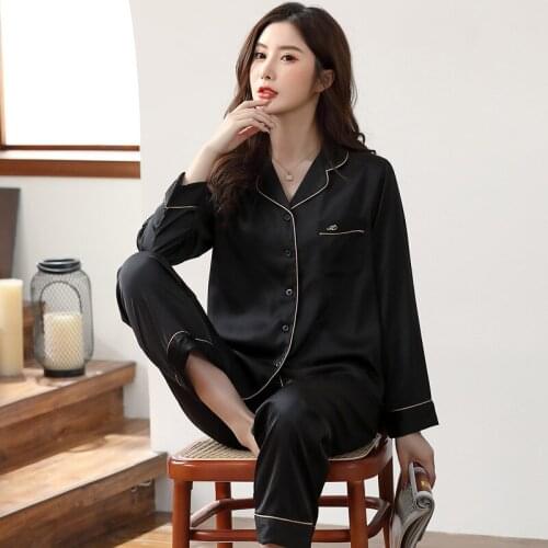 Gray Casual 2PCS Satin Sleep Suit Women Spring Autumn Loose Sleepwear Full Sleeve Shirt&Pant Homewear Turn-down Collar Nightwear