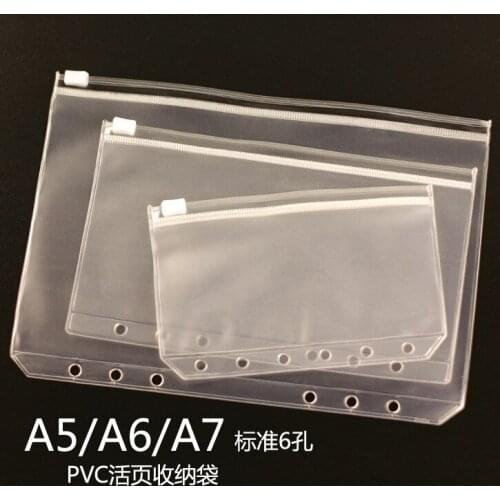 Standard Transparent PVC Clip File Zipper Bag 6 Holes Pocker A5 A6 A7 Collection File Bag Plastic Pouches