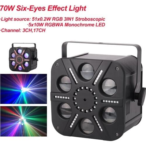 6 Eyes Effect Light 51x0.2W RGB 3IN1 Strobe and 5x10W RGBWA LED DMX512 Stage Lighting DJ Disco Bar Xmas Home Party Night Light