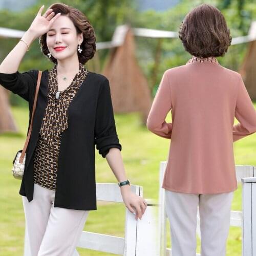 Spring Autumn Fake Two Piece Top Women Fashion Bow tie Pullover T-Shirts Female Middle-Aged Mother Loose Plus Size Clothing