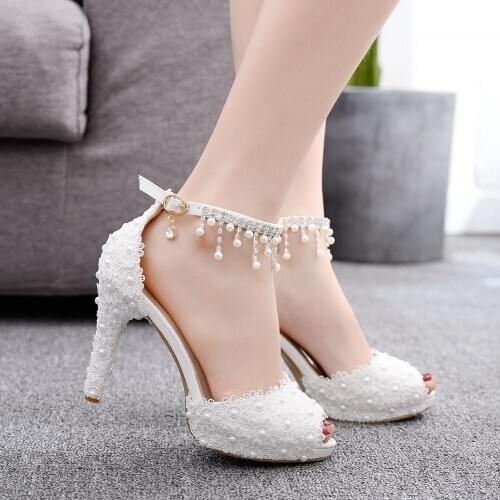 Fashion Women Shoes Platform Sandals High Heels White Lace Wedding Shoes Pointed Toe Peep Wedges Pumps Ankle Strap