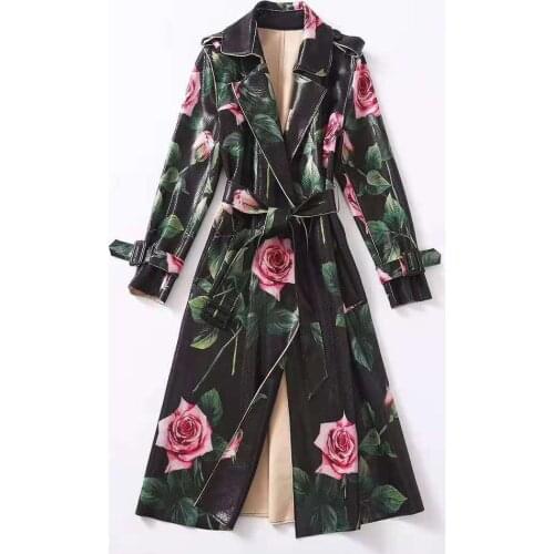 European and American womens wear 2020 winter new style Long-sleeved suit collar lace-up Fashion rose print suede Trench coat
