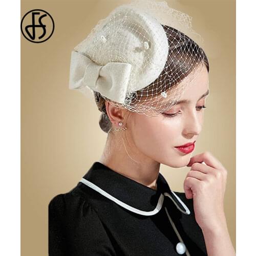 FS British Vintage White Wool Felt Pillbox Hat Ladies Church Derby Winter Fascinator Hats Veil Bow Fedoras