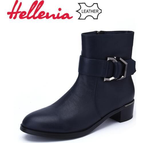 Hellenia Women Genuine Leather Martin Boots Handmade Ankle Boot Zipper Auturn Winter Casual Shoes Short Plush Soft Leather shoe