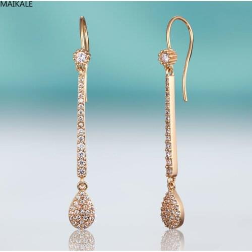 MAIKALE Classic Water Drop Dangle Earrings For Women Copper Cubic Zirconia Gold long Earrings Fashion Fine Jewelry Party To Gift