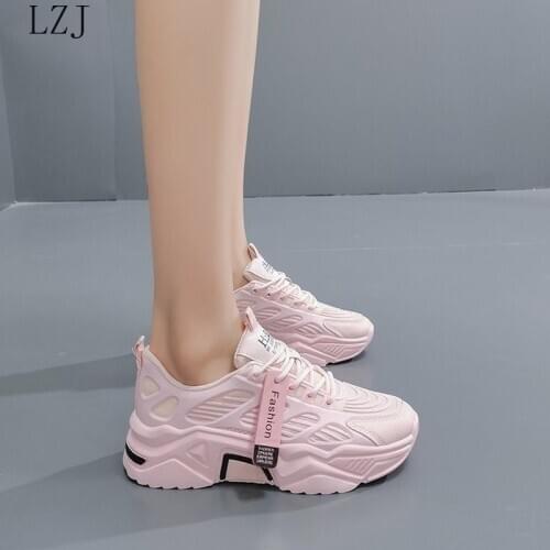 Chunky Sneakers Women Shoes New Autumn Thick Bottom Lace Up High Heels Platform Shoes Woman Solid Leather Casual Shoes Flats