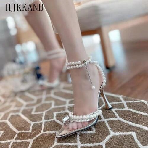 New Pointed Toe Transparent PVC Crystal Shoes Women High Heel String Bead Rhinestone Sandals Fairy Style Party Dress Shoes Pumps