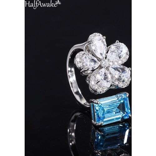 Korean Fashion Hot Sale High Quality S925 Silver Opening Adjustable Ring Aquamarine Flower Ring Main Stone 8*12 Womens Ring