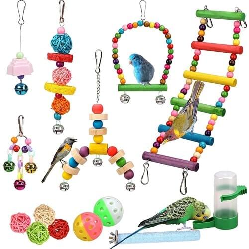 14 Pcs Bird Toys Hanging Birds Cage Toy Bells Swings Ladder Chewing Toys Rattan Balls Molar Water Feeder for Parrots Birds Toy