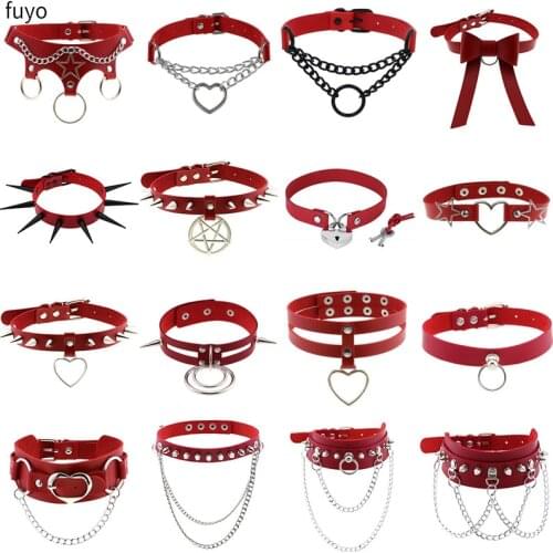 2021 Punk Red color PU Leather Choker Necklaces Spike Rivet Collar Studded Sexy Collar Body Gothic Party Chains Cosplay Jewelry