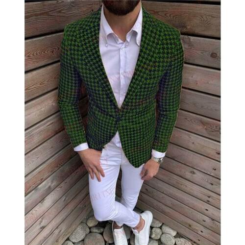Designers Fashion Houndstooth Suit Men 2Pcs Tailored Slim fit Groom Wedding Suits Tuxedo Blazer for Men Green Jacket White Pants