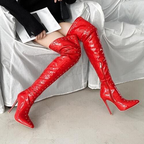 DOBANER Women Over Knee Boots Side Zip Shoes for Woman Shiny Boots Thig High Heels Party Club Designed Plus Size 42 43 44 4748