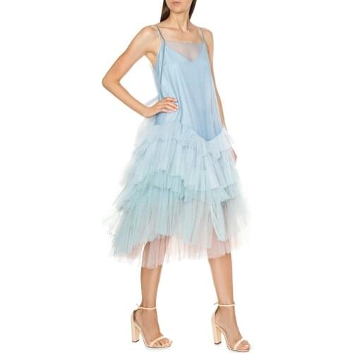 Sky Blue Elegant Classic Women Dress Thru Layered Tulle Ruffles Strappy Dress Spaghetti Strap Backless Plus Size