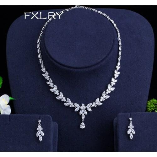 FXLRY NEW Elegant White Color Cubic Zircon Necklace Earrings Wedding Bridal Jewelry Sets