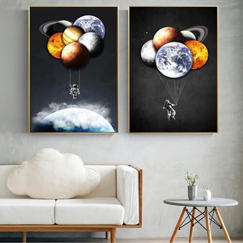 Funny Spaceman Hold Planet Balloon Canvas Art Painting Poster On The Wall Decor Astronaut Artwork Pictures For Living Room