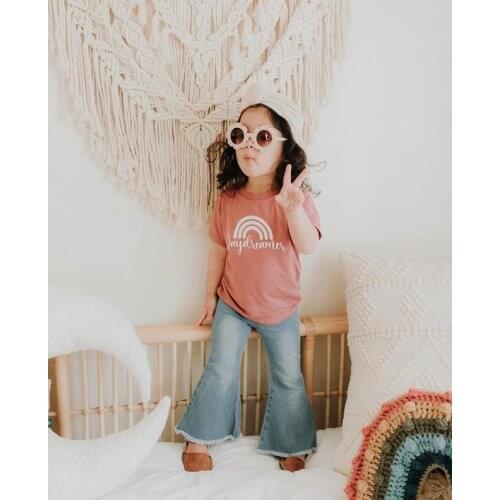 Girls clothes set children clothing outfits Summer Rainbow Print O-Neck Short Sleeve T-Shirt Long Flared Jeans Girls Brick Red