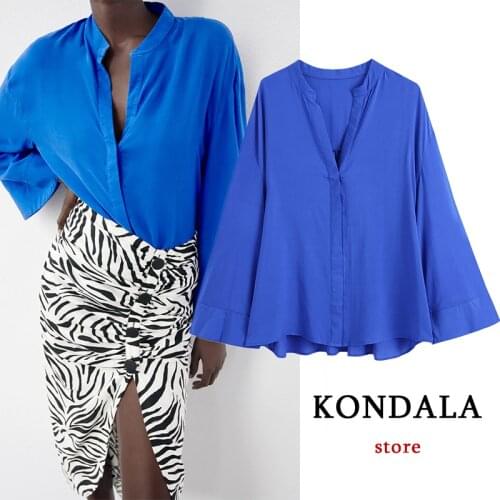 KONDALA Za 2021 Chic Blue Casual Oversized Long Blouses Fashion Autumn V Neck Flare Sleeve Women Shirts Elegant Tops