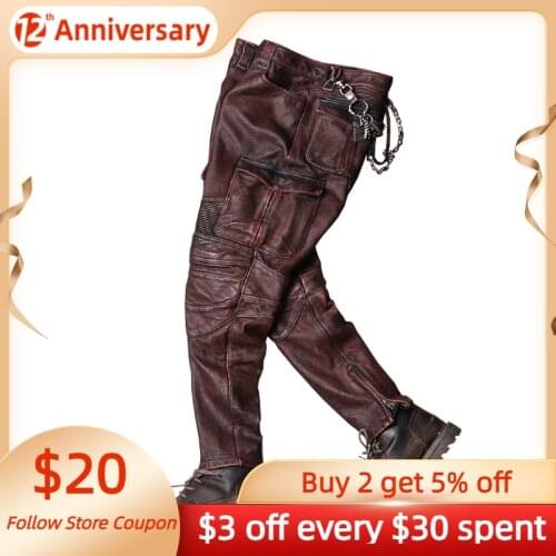 2021 Vintage Brown Men Bikers Leather Trousers Large Size XXXXL Genuine Natural Cowhide Autumn Slim Fit Motorcycle Pants