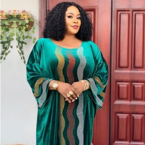 Dashiki African Dresses For Women High Quality Velvet O Neck Loose Boubou Robe Autumn New Fashion Diamond Rich Bazin Party Dress