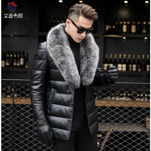 New Mens Genuine Sheepskin Leather Down Coat With Natural Silver Fox Fur Collar Black Real Leather Jacket Outerwear Winter