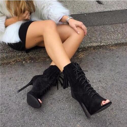New Fashion Women Open Toe Lace-up Suede Leather Ankle Tassels Gladiator Boots Cut-out Thin Heel Fringes High Heel Ankle Boots