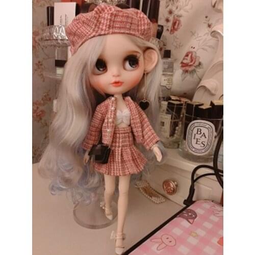 Blythes doll clothes pink strapless blouse + plaid skirt + pearl plaid coat suit pink plaid hat 1/6 size 30cm doll accessories