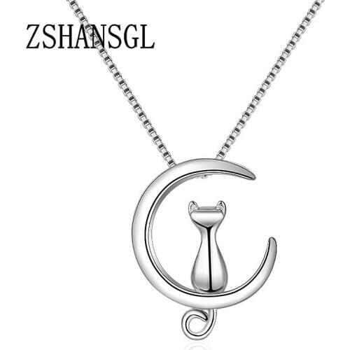 Silver color Necklace For Women Moon Kitten Cat Necklaces & Pendants Chain for Women kolye Mothers Day Gift