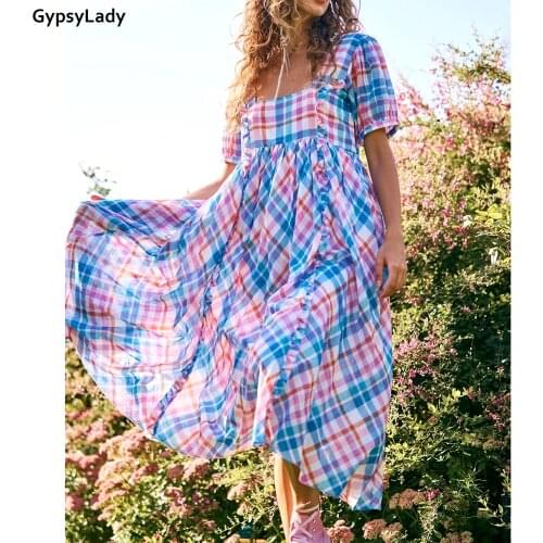GypsyLady Plaid Printed Boho Maxi Dress Summer Holiday Long Women Dress Ruffles Oversized Loose Casual Chic Ladies Female Dress