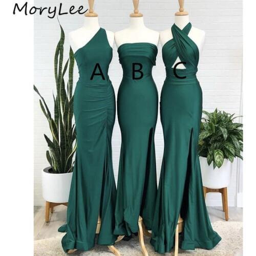 Mermaid Bridesmaid Dresses Green Floor Length Sweep Train Silk Satin Pleated Bridesmaid Gowns Wedding Party Bridemaid Dresses